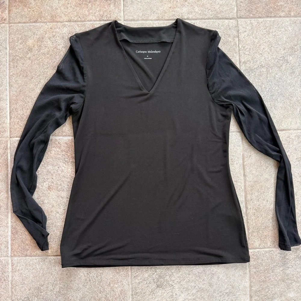 Catherine Malandrino Black V-Neck Mesh Long Sleeves Top